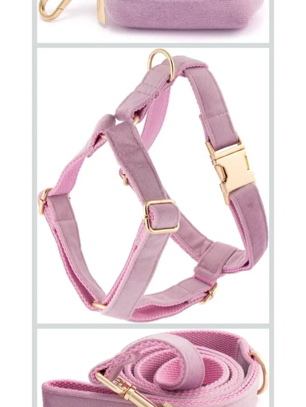 TRENDY PAWS PURPLE VELVET DOG HARNESS LEASH COLLAR BOWTIE BAG GIFT SET NEW MED
